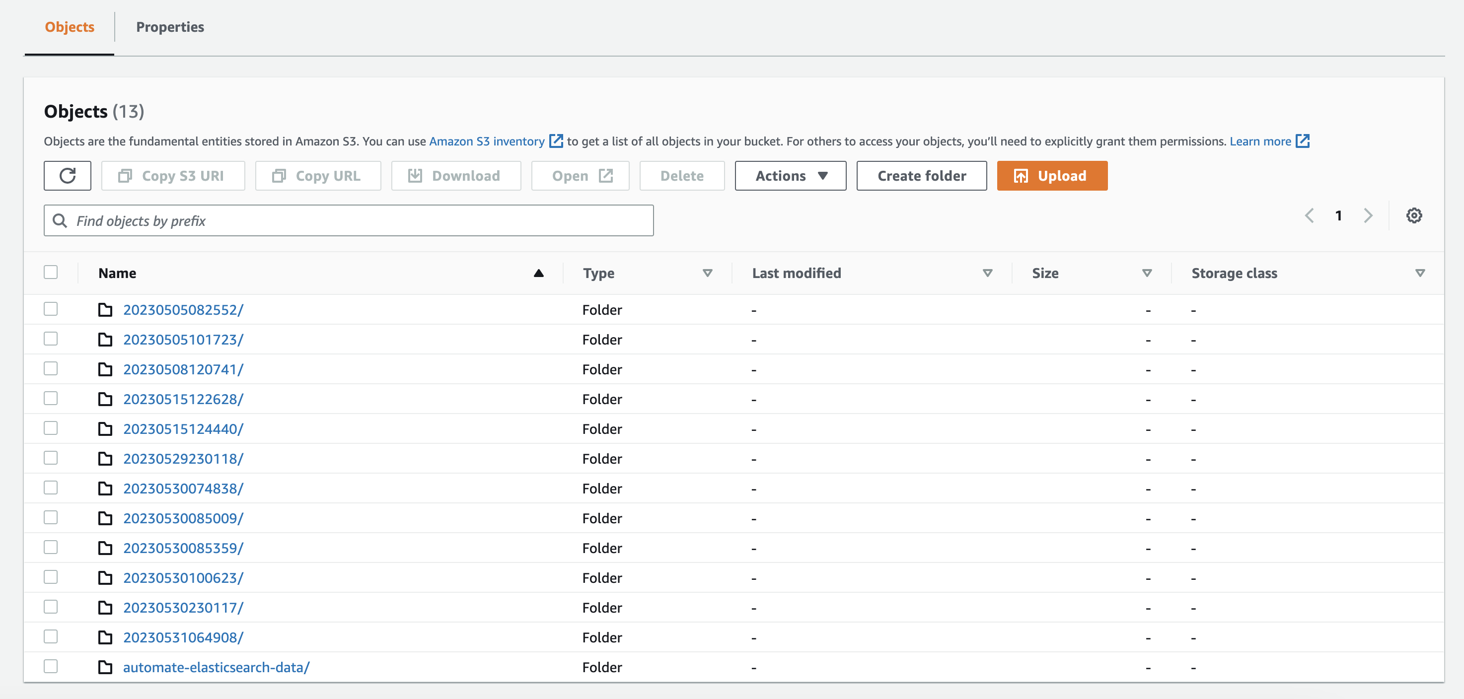 AWS S3 console showing list of Automate server backups.